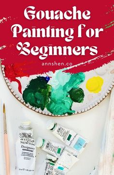 some paint and brushes are sitting on top of a paper plate with the words gouache painting for beginners