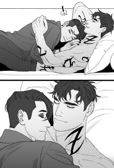 two comics showing the same person laying in bed with another man sleeping next to them