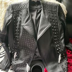 I Bought This Leather Jacket For $600 Originally, It’s Brand New Never Worn. It Still Has Tags On It. I Am Selling It For $300 It Is Not Negotiable. Designer Leather Jacket With Rivets For Fall, Designer Winter Outerwear With Rivets, Luxury Fall Outerwear With Rivets, Designer Leather Jacket For Evening In Fall, Studded Party Outerwear, Fitted Studded Outerwear For Party, Fitted Studs Outerwear For Party, Fitted Party Outerwear With Studs, Designer Biker Jacket With Rivets For Fall