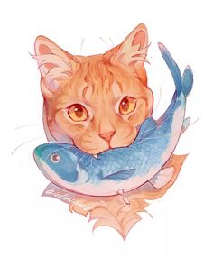 an orange cat is holding onto a fish