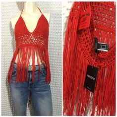 Look Exclusively Creative And Fashion Forward With This Stylish Boho Festival Statement Top From Forever 21 Blazing Trails Collection Featuring A Unique Cherry Red Crochet Design With Fringed Hem And Halter Neck, It Lends An Extra Charm To Your Retro 70s Coachella Festival Concert Look This Lightweight Yarn Fabric Makes It Super Comfortable To Wear Plus This Top Is Sure To Be A Great Conversation Starter When You Step Out Braided Yarn Halter That Ties In Back Crochet Unlined Cups Fringed Yarn Ta Trendy Spring Party Crochet Top, Bohemian Crochet Top For Spring Party, Casual Crochet Top For Spring Party, Casual Spring Crochet Top For Party, Fitted Summer Tops With Fringe, Trendy Red Top For Festival, Trendy Fitted Crochet Top For Party, Red Crochet Top For Fall, Fringe Tops For Spring Music Festival