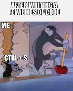 a cartoon character holding a broom in front of a wall with the caption after writing a few lines of code me ctrl + s