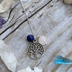 Silver Tree of Life Necklace for Grounding with Rose Quartz and Lapis Lazuli Spiritual Nickel-free Charm Necklaces, Personalized Healing Necklace, Spiritual Tree Of Life Necklace For Meditation, Spiritual Birthstone Round Pendant Necklace, Spiritual Birthstone Necklace With Round Pendant, Tree Of Life Pendant Necklace For Healing, Spiritual Round Pendant Charm Necklace For Blessing, Healing Tree Of Life Round Jewelry, Spiritual Tree Of Life Jewelry For Gifts