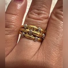 Vintage 18k Yellow Gold Bamboo Ring With Tiny Diamonds Bamboo Ring, Tiny Diamond, Ring Color, Womens Jewelry Rings, Limited Time, Diamonds, Yellow Gold, Size 7, Women Jewelry