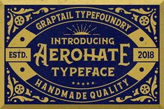 the label for an aerohate typeface is shown in gold and blue on a black background