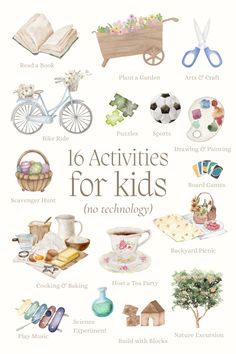 a poster with the words 16 activities for kids