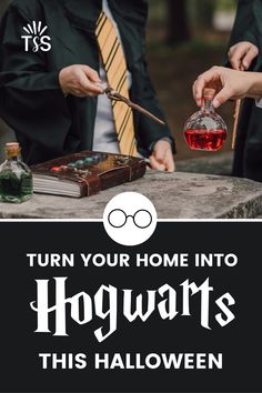 two harry potters holding beakets over a table with books on it and the words, turn your home into hogwarts this halloween