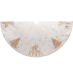 a white and gold table cloth with deers on it