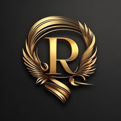 the letter r in gold with wings on a black background, logo design for luxury company