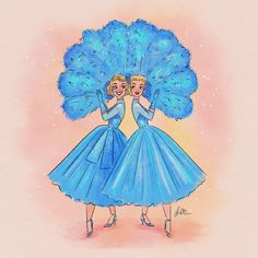 two women dressed in blue dresses with large feathers