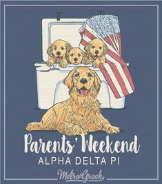 three golden retriever puppies sitting in an open suitcase with the words parents'weekend on it