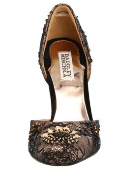 Gold/Black Lace Beading Stryker Pumps front view. Heels Front View, Shoes Front View, Lace Beading, Action Pose Reference, Action Pose, Badgley Mischka Shoes, Action Poses, Front View, Beaded Lace