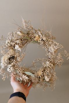 a hand holding a dried wreath with flowers