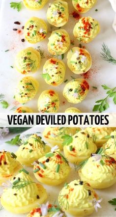 two pictures with different types of deviled potatoes on them and the words vegan deviled potatoes