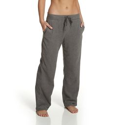 This extra comfy lounge pant is made from a soft fleece with a relaxed fit for ultimate coziness. Made from polyester and spandex for stretch. Wide, covered elastic waistband adjusts with flat, woven drawstring for the perfect fit. Drawstring has coated metal end caps. Large pockets at the side seams for convenience. Center back seam gives the fit definition. Cuddl Duds logo embroidered above the left leg hem. Wide, straight legs have self-lined hems. High waisted for modern look. Full length. R Cozy Gray Relaxed Fit Activewear, Cozy Gray Activewear With Relaxed Fit, Gray Relaxed Fit Cozy Activewear, Cozy Fleece Sweatpants For Loungewear, Comfortable Gray Sweatpants For Loungewear, Casual Comfort Stretch Yoga Pants For Lounging, Comfy Fleece Activewear For Loungewear, Comfortable Cozy Fit Sweatpants, Comfortable Fleece Activewear For Lounging