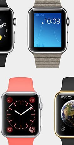 four different apple watch models with the same time displayed on their faces and wristbands