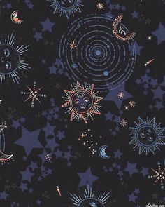 the sun, moon and stars are all in different colors on this black background with white dots