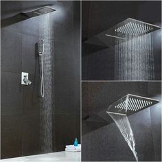 the shower head is open and there are three different images showing it's water flow