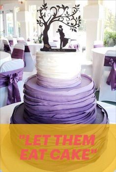 there is a wedding cake with purple and white icing on it that says, wet them batcakes?