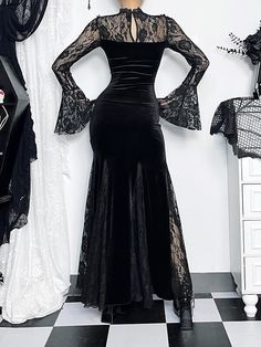 Style: Goth Palace Design: Floral Lace, Velvet, Trumpet SleevesSkirt Shape: Fishtail Long DressMaterial: Polyester spandexColor: BlackSize: S, M, L, XL Unit: CM Shoulder Sleeve Bust Waist Hips Length S 32 65 70-90 57-70 74-90 135 M 33 66 74-94 61-74 78-94 137 L 34 67 78-98 65-78 82-98 139 XL 35 68 82-102 69-82 86-102 141 * 1cm ≈ 0.3937 inchNote: There may be 2-3cm error due to manual measurement. If you need size help, please drop us a message, we'd love to help. Design Long Dress, Goth Dresses, Palace Design, Halloween Crop Top, Halloween Skirt, Fishtail Dress, Dress 2024, Clubwear Dresses, Mermaid Gown