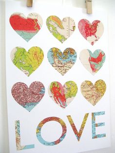 many different heart shaped stickers on a white background with the word love written in it