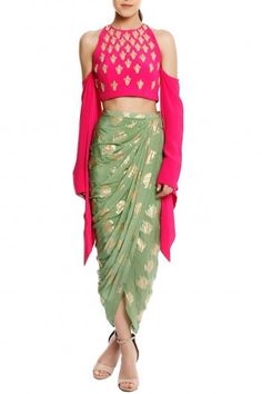 Masaba  Featuring a pink kalash embellished cold shoulder blouse in crepe base. It comes along with a mint green heritage fish printed draped skirt. Skirt For Wedding, Mehendi Outfits, Lehnga Dress, Draped Skirt, Embellished Blouse, Wedding Cocktail, Indian Dress, Party Wear Indian Dresses