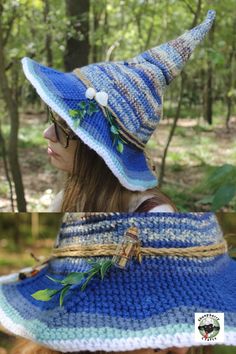 This witch hat is made in the colors of an ocean wave, with neat little decorations like a message-in-a-bottle, real seashells, and a fishing net-esque jute hatband. The hat is made with acrylic yarn, and a wired, adjustable brim. The yarn is flexible so the point can be adjusted downwards or straight up. Pattern by Morale Fiber Blue Bohemian Crochet Hat Adjustable, Adjustable Blue Bohemian Crochet Hat, Blue Adjustable Bohemian Crochet Hat, Adjustable Bohemian Crochet Hat In Blue, Bohemian Mini Hat For Beach, One Size, One Size Bohemian Mini Hat For The Beach, Unique Adjustable Blue Hat, Unique Blue Adjustable Hat, Handmade Adjustable Whimsical Crochet Hat