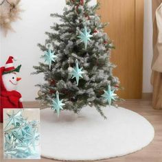 a small christmas tree with snowmen and stars on it in front of a white rug