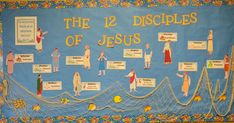 the 12 disciples of jesus bulletin board on display in a school room with blue background