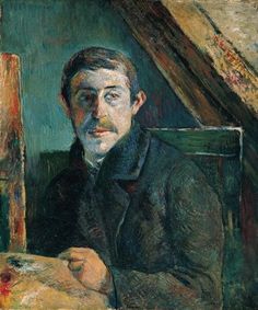 a painting of a man sitting in front of a easel with his eyes closed