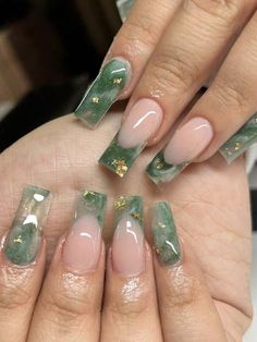 Green  Collar    Color Nails Embellished   Nail,Hand & Foot Care Acrylic Nails With Foil, Summer Gel Nails Green, Green Nails Medium Length, Gold Nails Ballerina, Nails For Teal Dress, Nails Acrylic Emerald Green, Emerald Green Nail, Nail Ideas Green And Gold, Forest Green And Gold Nails