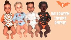 three baby dolls sitting next to each other in front of a pink background with the words halloween infant onesie