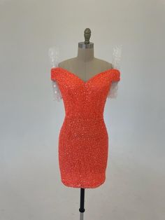 Ashley Lauren 4499 Size 4 Short Neon Orange Fitted Sequin Homecoming Dress off the shoulder This fitted off the shoulder cocktail dress is accented by a crisscrossed back and covered in the most beautiful sequins! Off the shoulder Open back Fully sequined Size: 6 Color: Neon Orange Fitted Off Shoulder Dress For Wedding Party, Fitted Off Shoulder Wedding Dress For Party Season, Glamorous Fitted Off Shoulder Dress For Homecoming, Glamorous Fitted Off-shoulder Dress For Homecoming, Glamorous Fitted Bodice Off-shoulder Dress, Fitted Off-shoulder Mini Dress For Homecoming, Strapless Fitted Dress For Homecoming, Fitted Off-shoulder Evening Dress For Homecoming, Cocktail Off Shoulder Dress With Sweetheart Neckline For Prom