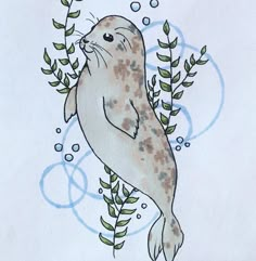 the seal is surrounded by plants and water droplets in this drawing, it looks like he's holding on to something