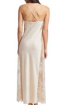 Elegant Sheer Nightgown For Night, Sheer Satin Slip Dress For Evening, Elegant Sheer Night Dresses, Elegant Sheer Dresses For Night, Elegant Nightgown With Lace Bodice For Sleep, Elegant Lace Bodice Nightgown For Sleep, Lace Slip Dress For Wedding Night, Elegant Evening Nightgown With Bias Cut, Silk Sleepwear For Wedding Night With Bias Cut