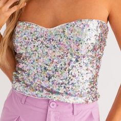 Super Cute Multicolored Strapless Sequin Top Chic Fitted Multicolor Tube Top, Summer Sequined Bandeau Tops, Sequin Tube Top For Spring Party, Sequin Bandeau Top For Summer, Spring Strapless Sequin Tops, Spring Party Sequin Tube Top, Strapless Sequin Tops For Spring, Chic Multicolor Tube Top For Party, Chic Multicolor Bandeau Top