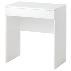 a white desk with two drawers on the top and one drawer at the bottom, in front of a white background