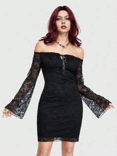 Black Elegant Collar Long Sleeve Fabric Plain Bodycon Embellished Medium Stretch  Women Clothing Gothic Mini Dress With Lace Trim For Night Out, Off-shoulder Mini Dress With Lace Trim For Date Night, Gothic Stretch Long Sleeve Mini Dress, Gothic Long Sleeve Lace Mini Dress, Black Gothic Mini Dress With Lace Trim, Feminine Design, Sleeves (women), Flared Sleeves, Girls Night Out