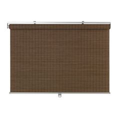 a brown roman blind with a metal bar on the bottom, and a white background