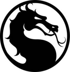 a black and white silhouette of a dragon in a circle with its tail curled up