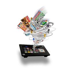 an image of a tablet with magazines coming out of it's back end on a white background