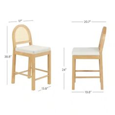 two chairs with measurements for each chair and the seat upholstered in white fabric