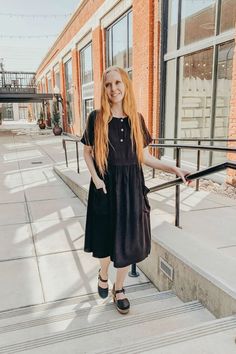 This black dress is modest and has pockets. It is long midi length. It makes a casual and cute outfit. It would be great to wear to a wedding, work, or a funeral, especially in the summer. It is simple and classic with sleeves. Buy now! #dresses #blackdress Church Dresses For Women, Modest Shorts, Color Dresses, Modest Summer Dresses, Cute Modest Outfits, Long Midi, Solid Color Dress