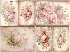 four different images of pink roses and leaves