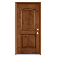 a wooden door with two round knobs on the front and side panels, against a white background