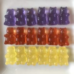 six gummy bears in different colors and shapes