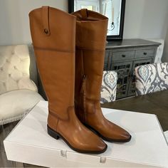 Nib Sam Edelman Drina Leather Knee High Riding Boot Whiskey Brown Tan Size 8 New In Box, Never Worn! Gorgeous Whisky Brown Color Size 8 True To Size Leather Retails For $250 Smooth Leather Panels Come Together To Create A Tall Boot Structured Lug Sole For Grippy Comfort 1 1/2" Heel (Size 8.5) 17 1/2" Shaft; 15" Calf Circumference Leather Upper/Synthetic Lining And Sole Will Ship Quickly From A Smoke-Free Home! New To Poshmark? Use Code Fashionbyashlyn For $10 Off Your First Purchase! Leather Knee-high Boots For Ranch, Calf Leather Riding Boots With Leather Lining, Round Toe Calf Leather Ranch Boots, Calf Leather Boots With Round Toe For Ranch, Leather Lined Moto Boots With Round Toe For Ranch, Riding Boots With Leather Sole And Saddle Shape, Riding Boots With Leather Lining, Brown Riding Boots With Leather Footbed, Calf Leather Riding Boots With Round Toe