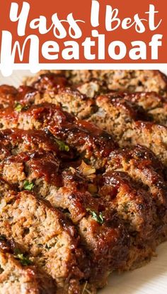 meatloaf on a white plate with text overlay