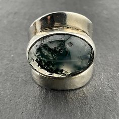 Vintage Moss Agate Sterling Silver Large Chunky Rustic Oval Statement Ring, UK Size O1/2, US Size 7 1/4, EU Size 54 1/2, Front Max Width 22.6mm, Weight 8.42 Grams, Lovely Condition Moss Agate Jewelry With Large Round Stone, Adjustable Artisan Moss Agate Jewelry, Luxury Silver Moss Agate Necklace, Silver Moss Agate Jewelry With Cabochon, Silver Moss Agate Cabochon Jewelry, Moss Agate, Statement Ring, Rings Statement, Statement Rings