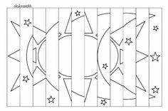 an image of a coloring book page with stars and moon shapes on it, in black and white